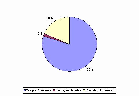 Pie Chart: Wages & Salaries=80%, Employee Benefits=2%, Operating Expenses=18%