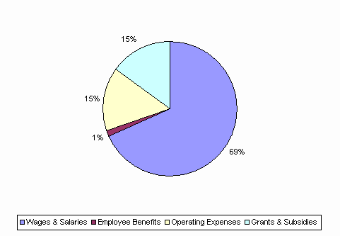 Pie Chart: Wages & Salaries=69%, Employee Benefits=1%, Operating Expenses=15%, Grants & Subsidies=15%