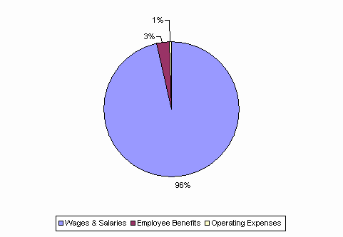 Pie Chart: Wages & Salaries=96%, Employee Benefits=3%, Operating Expenses=1%