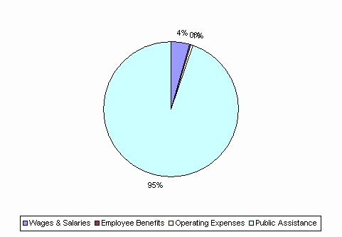 Pie Chart: Wages & Salaries=4%, Employee Benefits=0%, Operating Expenses=1%, Public Assistance=95%