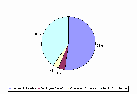 Pie Chart: Wages & Salaries=52%, Employee Benefits=4%, Operating Expenses=4%, Public Assistance=40%