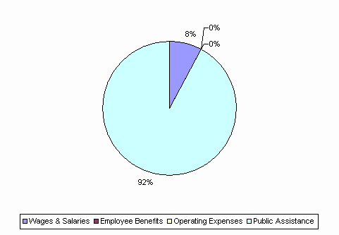 Pie Chart: Wages & Salaries=8%, Employee Benefits=0%, Operating Expenses=0%, Public Assistance=92%