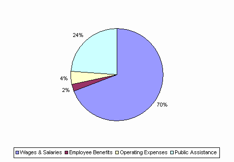 Pie Chart: Wages & Salaries=70%, Employee Benefits=2%, Operating Expenses=4%, Public Assistance=24%