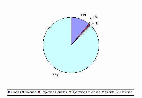 Pie Chart: Wages & Salaries=11%, Employee Benefits=1%, Operating Expenses=1%, Grants & Subsidies=87%