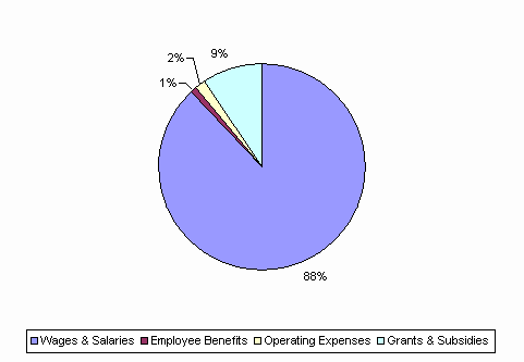 Pie Chart: Wages & Salaries=88%, Employee Benefits=1%, Operating Expenses=2%, Grants & Subsidies=9%