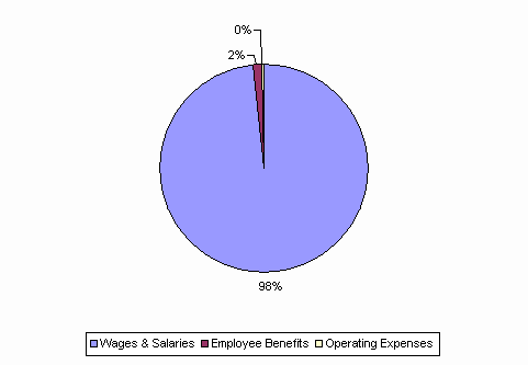 Pie Chart: Wages & Salaries=98%, Employee Benefits=2%, Operating Expenses=0%