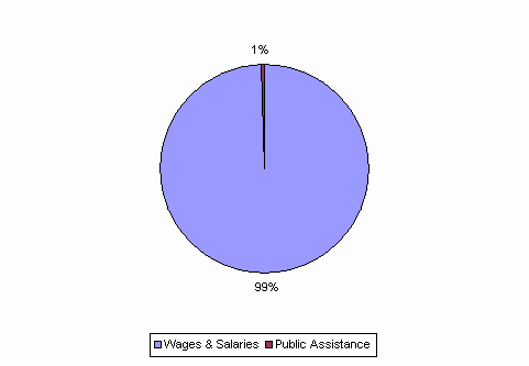 Pie Chart: Wages & Salaries=99%, Public Assistance=1%