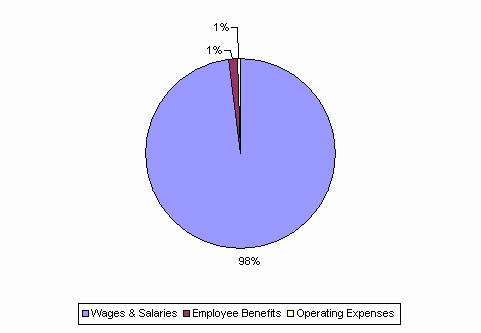 Pie Chart: Wages & Salaries=98%, Employee Benefits=1%, Operating Expenses=1%