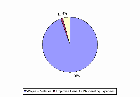 Pie Chart: Wages & Salaries=95%, Employee Benefits=1%, Operating Expenses=4%