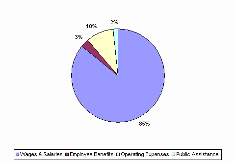 Pie Chart: Wages & Salaries=85%, Employee Benefits=3%, Operating Expenses=10%, Public Assistance=2%