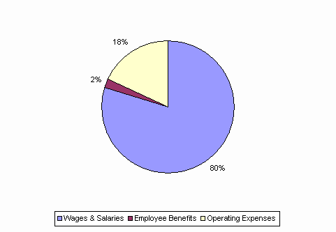 Pie Chart: Wages & Salaries=80%, Employee Benefits=2%, Operating Expenses=18%