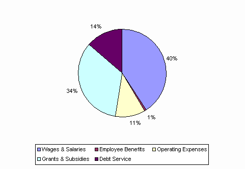 Pie Chart: Wages & Salaries=40%, Employee Benefits=1%, Operating Expenses=11%, Grants & Subsidies=34%, Debt Service=14%