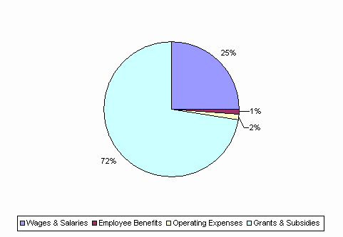 Pie Chart: Wages & Salaries=25%, Employee Benefits=1%, Operating Expenses=2%, Grants & Subsidies=72%