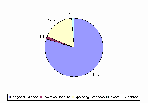 Pie Chart: Wages & Salaries=81%, Employee Benefits=1%, Operating Expenses=17%, Grants & Subsidies=1%