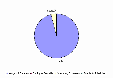 Pie Chart: Wages & Salaries=97%, Employee Benefits=0%, Operating Expenses=3%, Grants & Subsidies=0%