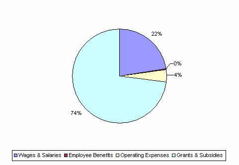 Pie Chart: Wages & Salaries=22%, Employee Benefits=0%, Operating Expenses=4%, Grants & Subsidies=74%