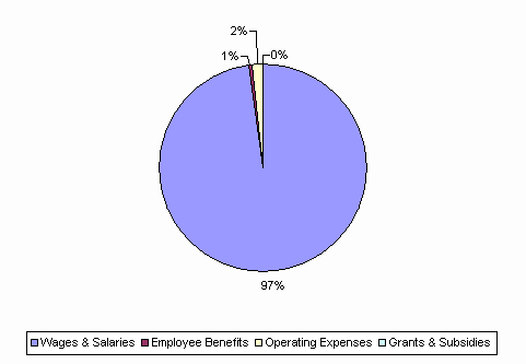 Pie Chart: Wages & Salaries=97%, Employee Benefits=1%, Operating Expenses=2%, Grants & Subsidies=0%