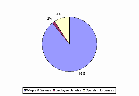 Pie Chart: Wages & Salaries=89%, Employee Benefits=2%, Operating Expenses=9%