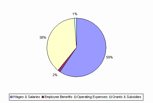 Pie Chart: Wages & Salaries=59%, Employee Benefits=2%, Operating Expenses=38%, Grants & Subsidies=1%