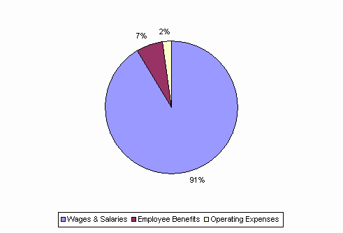 Pie Chart: Wages & Salaries=91%, Employee Benefits=7%, Operating Expenses=2%