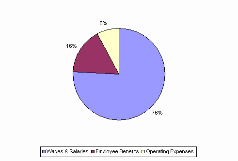 Pie Chart: Wages & Salaries=76%, Employee Benefits=16%, Operating Expenses=8%