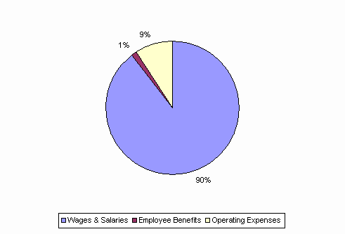 Pie Chart: Wages & Salaries=90%, Employee Benefits=1%, Operating Expenses=9%