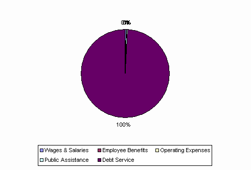 Pie Chart: Wages & Salaries=0%, Employee Benefits=0%, Operating Expenses=0%, Public Assistance=0%, Debt Service=100%