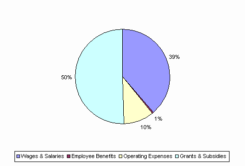 Pie Chart: Wages & Salaries=39%, Employee Benefits=1%, Operating Expenses=10%, Grants & Subsidies=50%