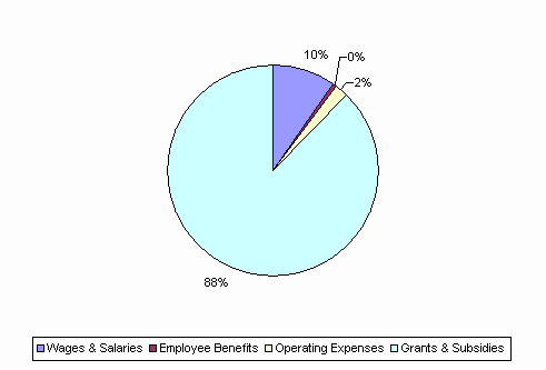 Pie Chart: Wages & Salaries=10%, Employee Benefits=0%, Operating Expenses=2%, Grants & Subsidies=88%