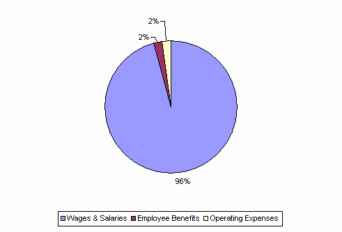 Pie Chart: Wages & Salaries=96%, Employee Benefits=2%, Operating Expenses=2%