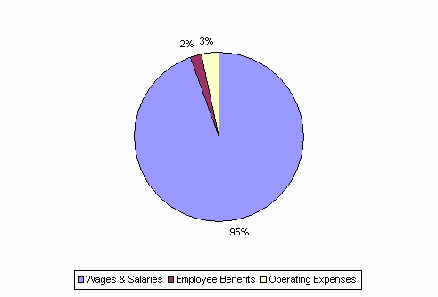 Pie Chart: Wages & Salaries=95%, Employee Benefits=2%, Operating Expenses=3%