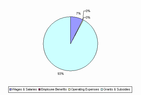 Pie Chart: Wages & Salaries=7%, Employee Benefits=0%, Operating Expenses=0%, Grants & Subsidies=93%