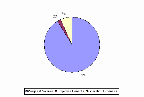 Pie Chart: Wages & Salaries=91%, Employee Benefits=2%, Operating Expenses=7%