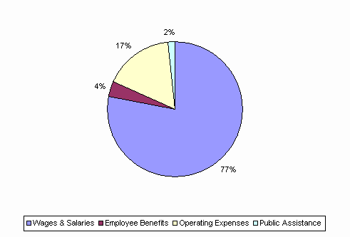 Pie Chart: Wages & Salaries=77%, Employee Benefits=4%, Operating Expenses=17%, Public Assistance=2%