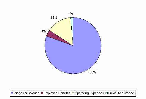 Pie Chart: Wages & Salaries=80%, Employee Benefits=4%, Operating Expenses=15%, Public Assistance=1%