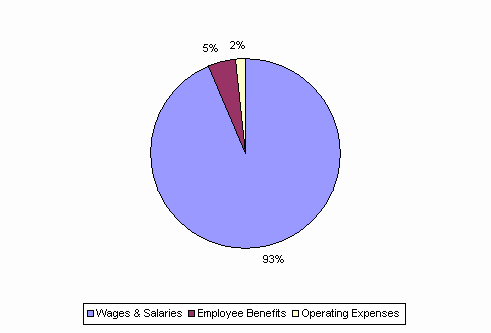 Pie Chart: Wages & Salaries=93%, Employee Benefits=5%, Operating Expenses=2%