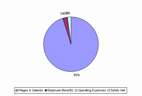 Pie Chart: Wages & Salaries=95%, Employee Benefits=3%, Operating Expenses=0%, Safety Net=2%