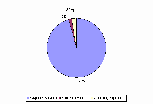 Pie Chart: Wages & Salaries=95%, Employee Benefits=2%, Operating Expenses=3%