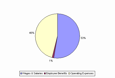 Pie Chart: Wages & Salaries=53%, Employee Benefits=1%, Operating Expenses=46%