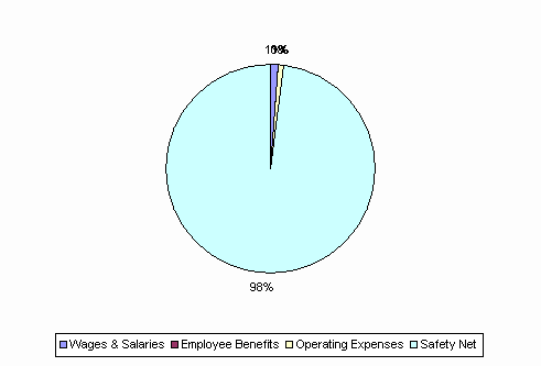 Pie Chart: Wages & Salaries=1%, Employee Benefits=0%, Operating Expenses=1%, Safety Net=98%