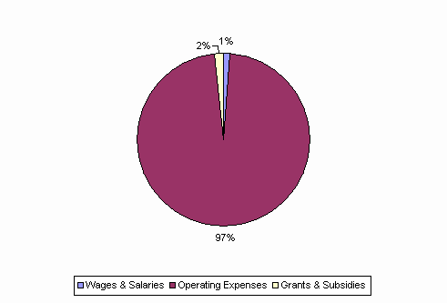 Pie Chart: Wages & Salaries=1%, Operating Expenses=97%, Grants & Subsidies=2%