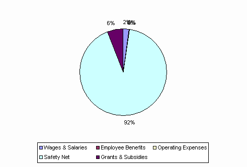 Pie Chart: Wages & Salaries=2%, Employee Benefits=0%, Operating Expenses=0%, Safety Net=92%, Grants & Subsidies=6%