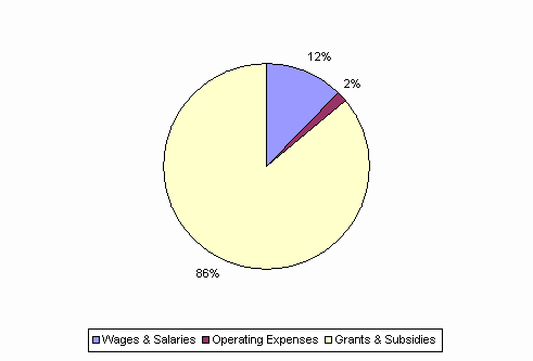 Pie Chart: Wages & Salaries=12%, Operating Expenses=2%, Grants & Subsidies=86%