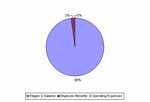 Pie Chart: Wages & Salaries=98%, Employee Benefits=2%, Operating Expenses=0%