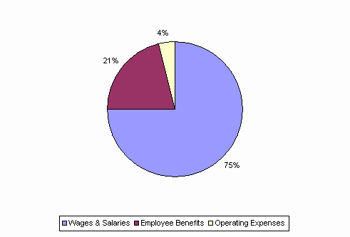 Pie Chart: Wages & Salaries=75%, Employee Benefits=21%, Operating Expenses=4%