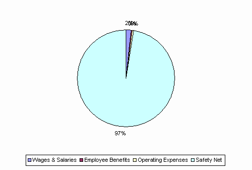 Pie Chart: Wages & Salaries=2%, Employee Benefits=0%, Operating Expenses=1%, Safety Net=97%