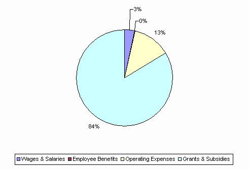 Pie Chart: Wages & Salaries=3%, Employee Benefits=0%, Operating Expenses=13%, Grants & Subsidies=84%