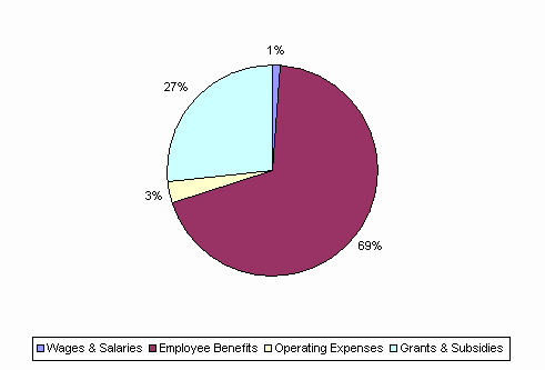 Pie Chart: Wages & Salaries=1%, Employee Benefits=69%, Operating Expenses=3%, Grants & Subsidies=27%