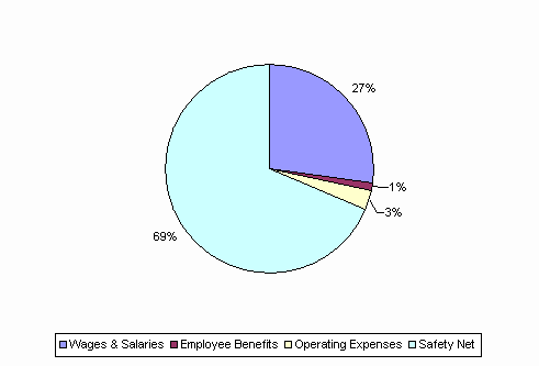 Pie Chart: Wages & Salaries=27%, Employee Benefits=1%, Operating Expenses=3%, Safety Net=69%