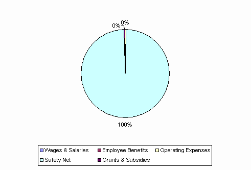 Pie Chart: Wages & Salaries=0%, Employee Benefits=0%, Operating Expenses=0%, Safety Net=100%, Grants & Subsidies=0%